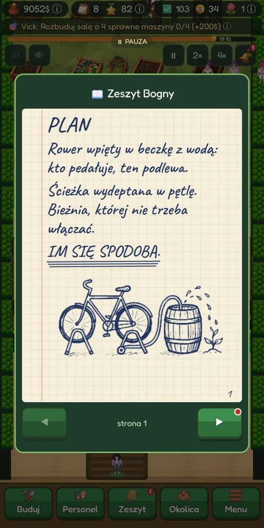 Zeszyt Bogny z odręcznym planem i szkicem roweru-pompy
