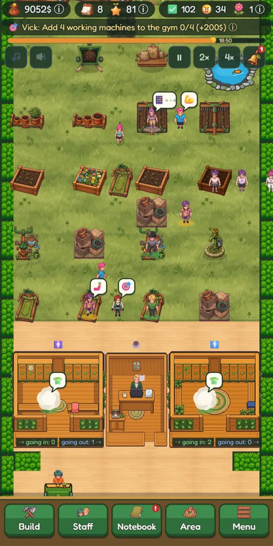 The gym in the garden: gear on the lawn, front desk and locker rooms in the shed