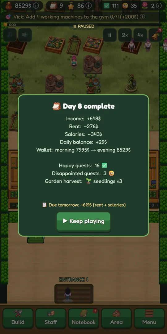 End of day summary with the club balance