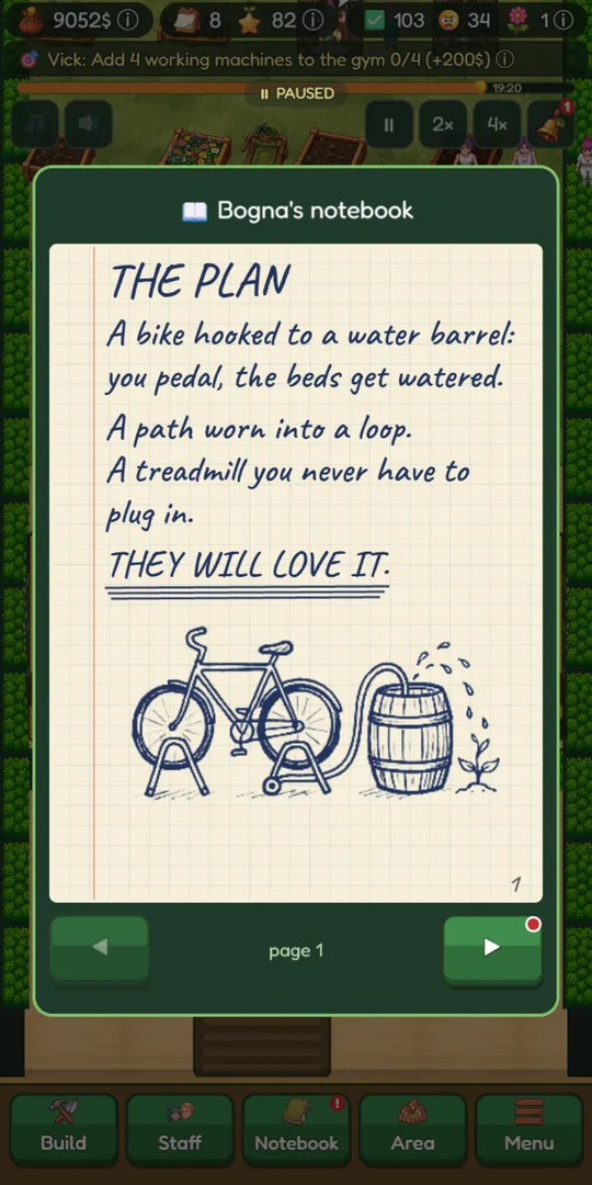 Bogna's notebook with the handwritten plan and a sketch of the pump bike